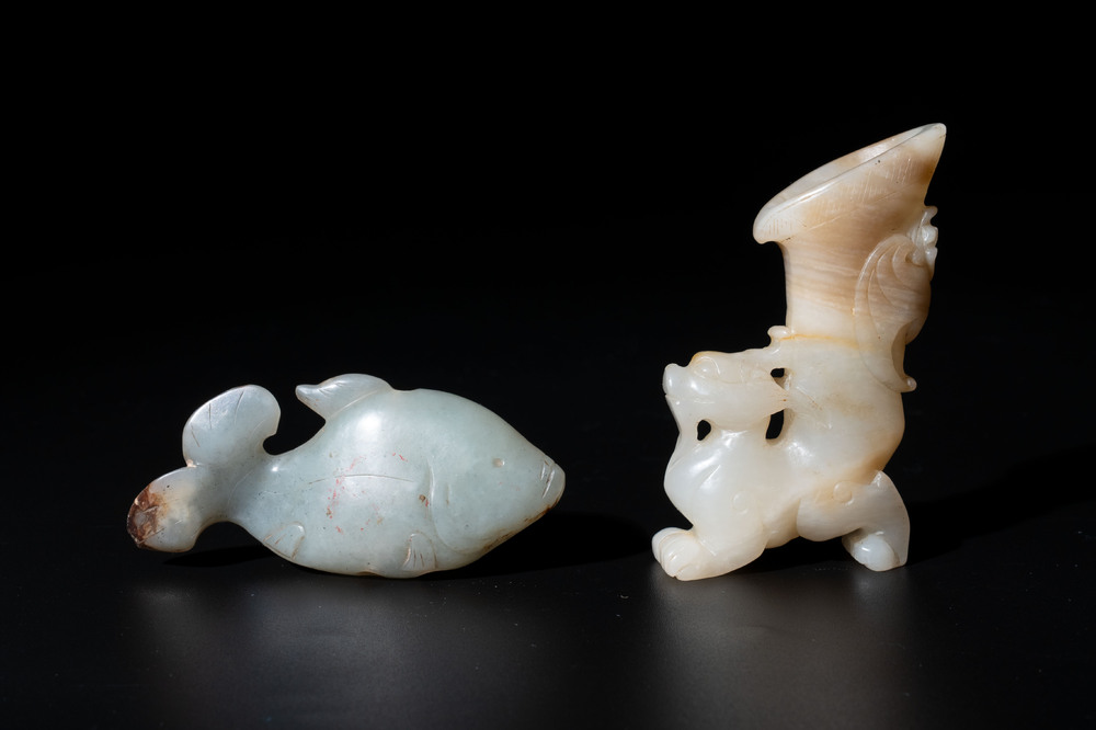 Two Chinese celadon, white and russet jade carvings, 18/19th C.