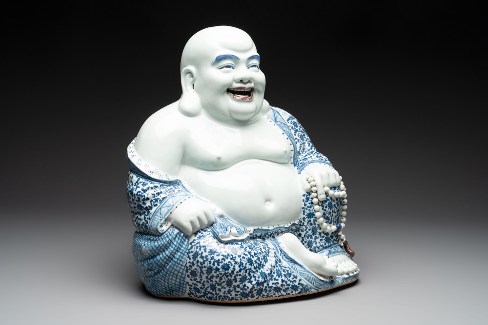 A large Chinese blue, white and copper-red Milefo Buddha, Zhu Mao Ji 朱茂記造 mark, 20th C.