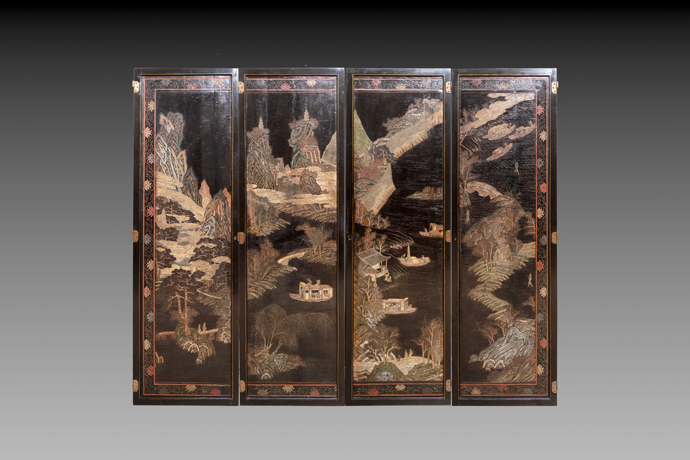 A Chinese Coromandel lacquered four-panel folding screen with mountainous landscapes, 17/18th C.