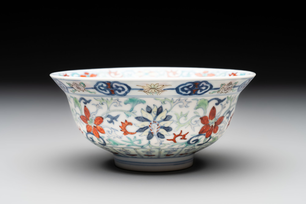 A Chinese doucai 'flower scroll' bowl, Yongzheng mark, 19/20th C.