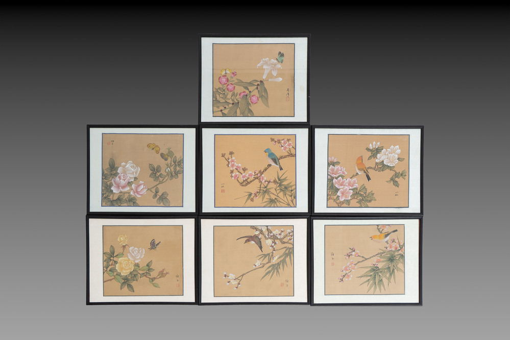 A collection of seven Chinese school paintings: 'Birds, butterflies and flowers', ink and colour on silk, various signatures, 20th C.