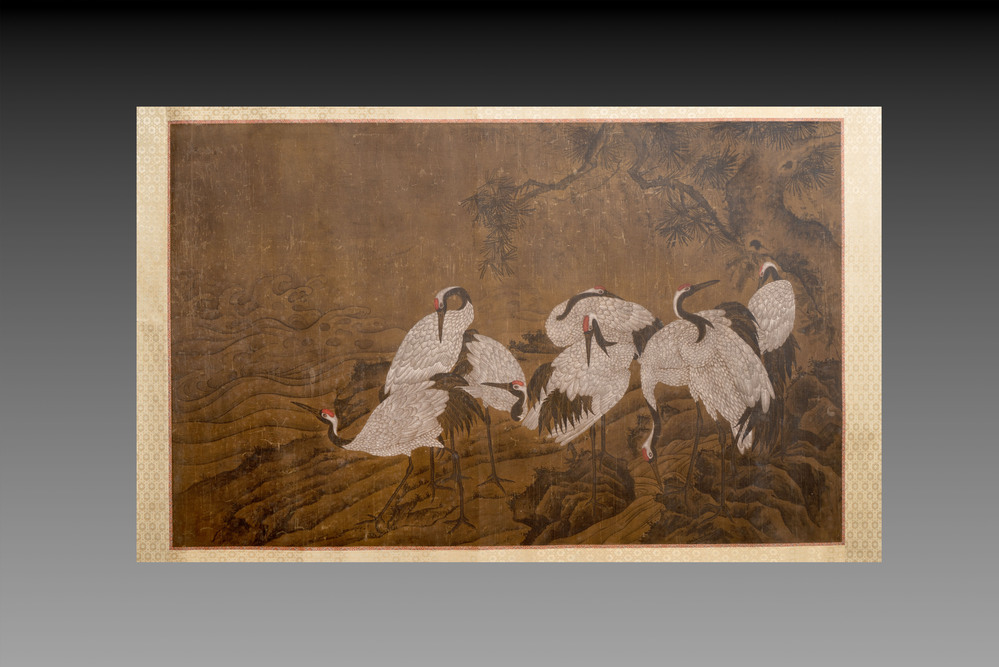 Chinese school: 'Eight cranes under a pine tree', ink and colour on silk, probably Qing