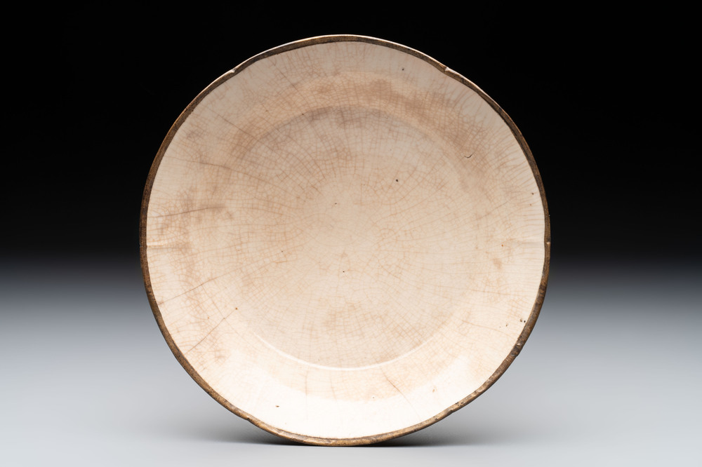 A Chinese ding-type lobed dish with a bronze mount, Song