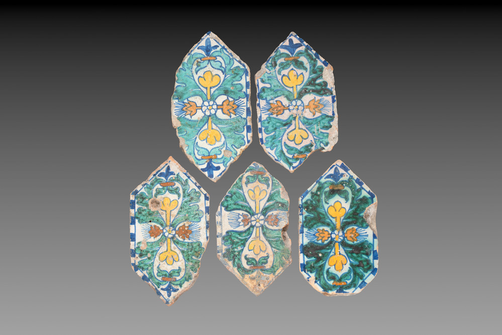 Five polychrome hexagonal tiles, Italy, 16th C.