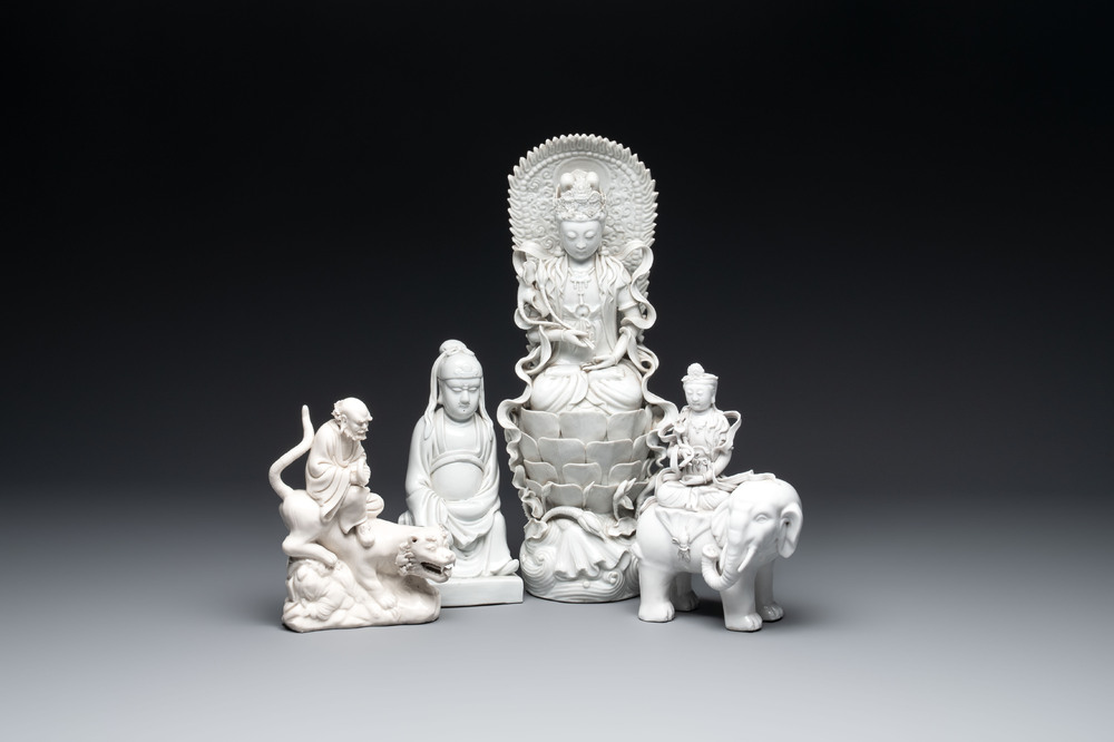 Four Chinese Dehua blanc de Chine figures, He Chaozong 何朝宗 mark, 20th C.