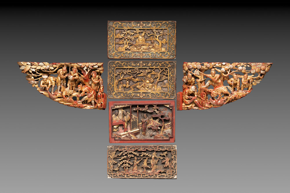 Six Chinese gilt and lacquered wooden panels, 19th C.