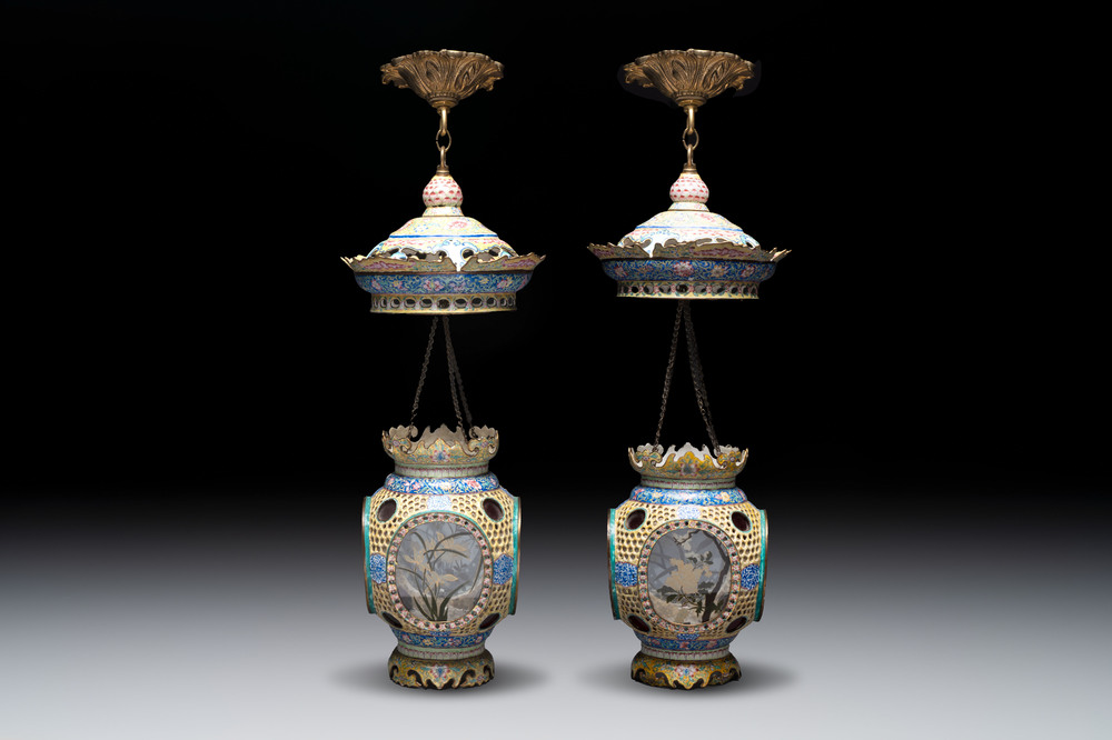 A very rare pair of Chinese Canton enamel lanterns with reverse painted glass panels, Qianlong