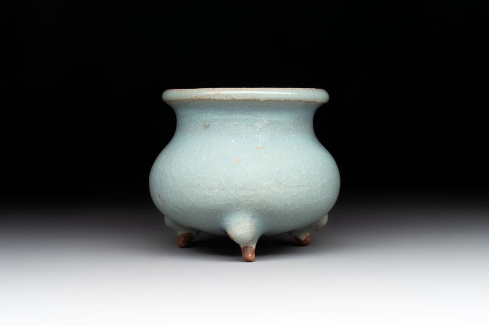 A small Chinese blue-glazed 'jun' tripod censer, Jin/Yuan
