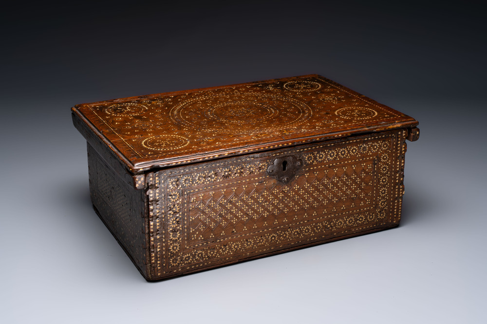 A Hispano-Moresque bone-inlaid wooden chest, Spain, 16/17th C.
