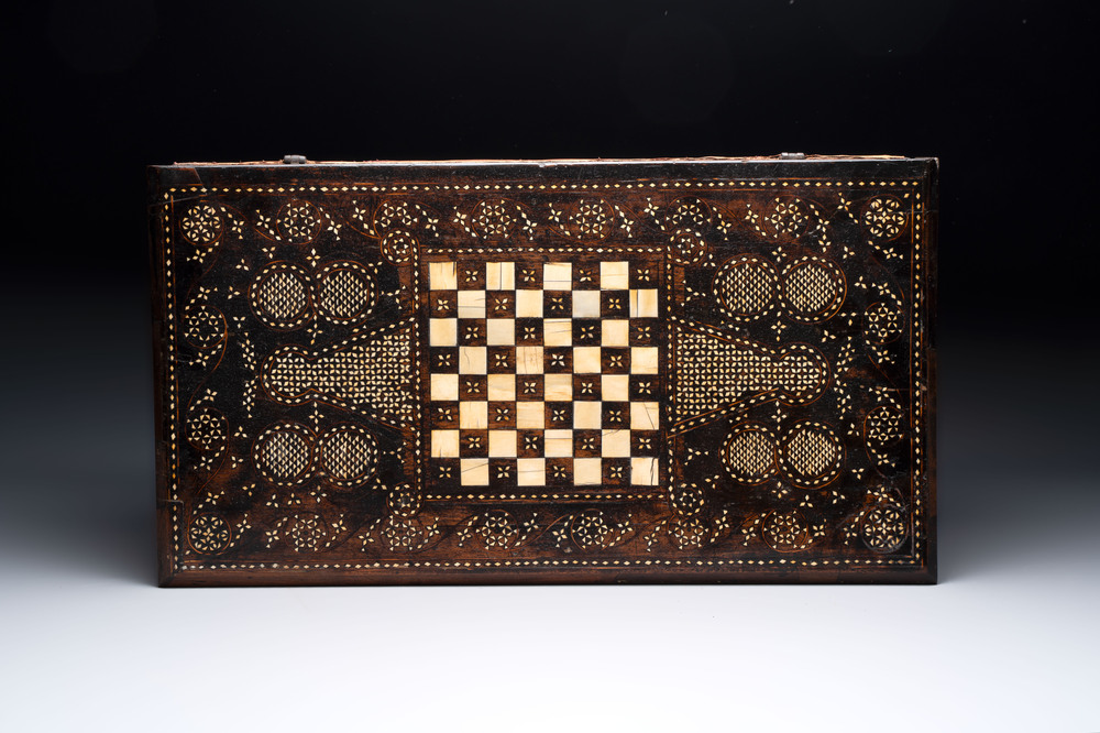A Mudejar-style bone-inlaid wooden 'chess board' box, Spain, 17th C.