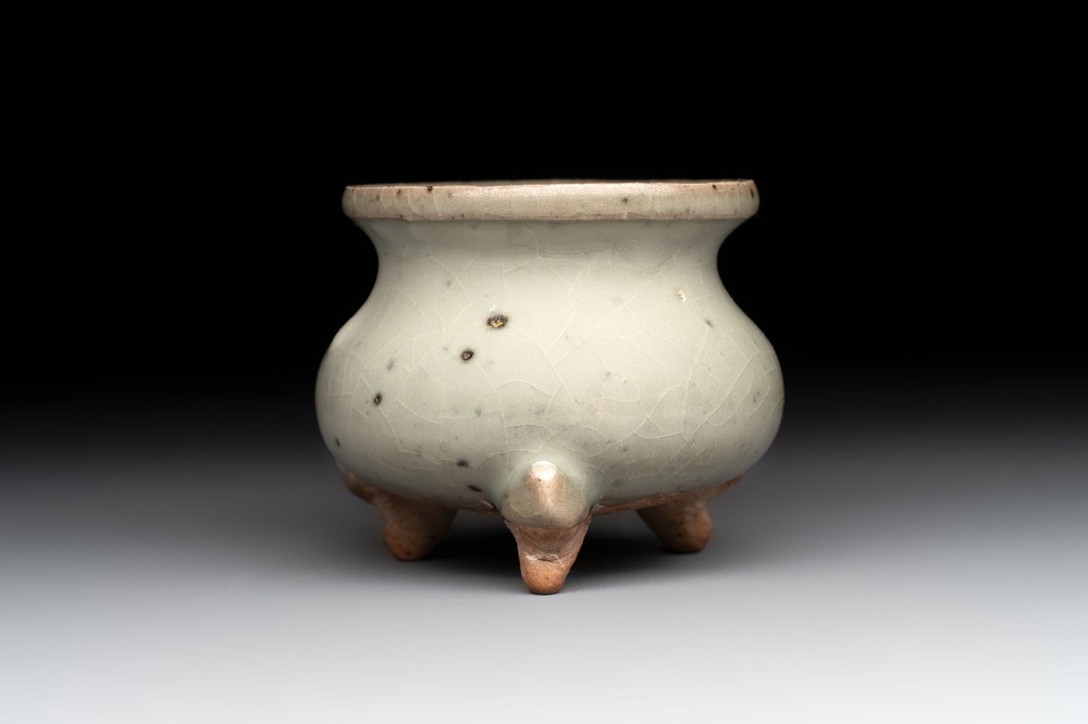 A small Chinese green-glazed 'jun' tripod censer, Hebi, Song/Yuan