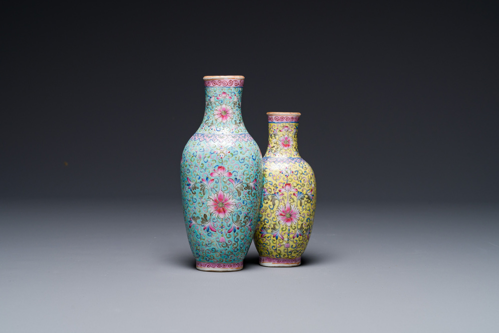 A Chinese famille rose conjoined vase with lotus scrolls, Qianlong mark, 19th C.