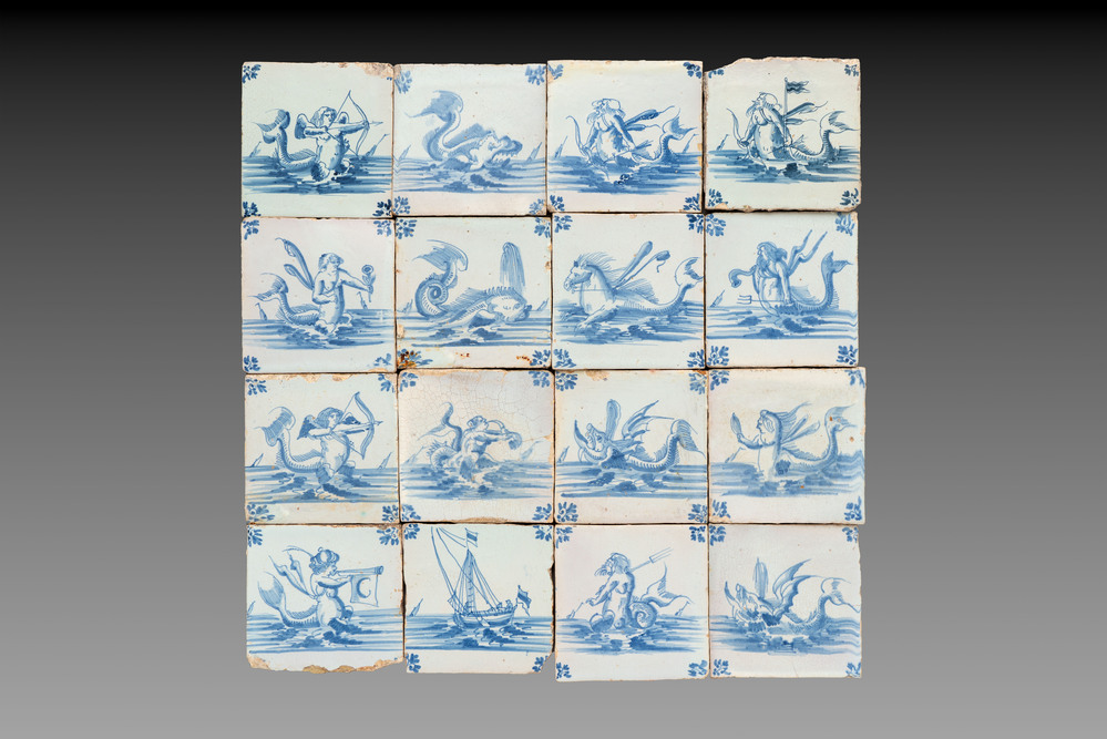 16 blue and white 'sea creatures' and 'ship' tiles, Ghent, 18th C.