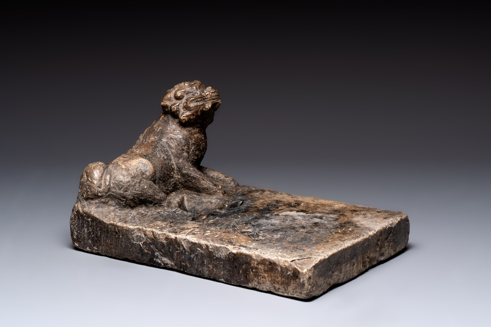 A large Chinese 'Buddhist lion' ink stone, Ming