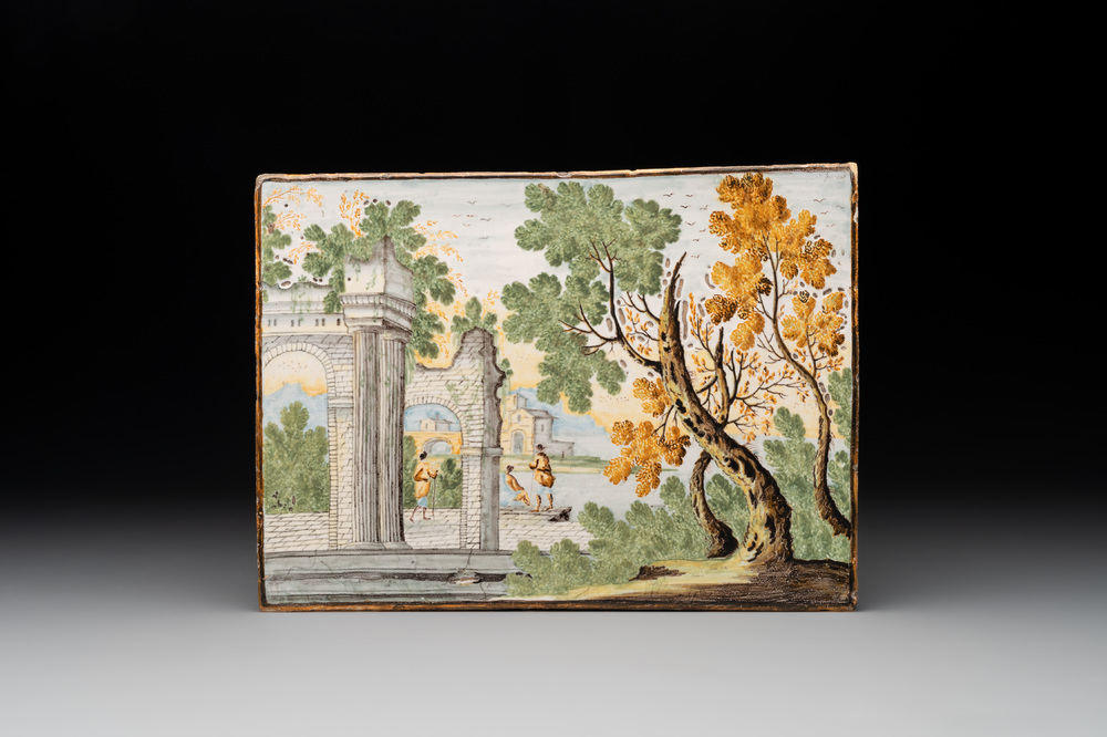 A polychrome Italian plaque with ruins in a landscape, Castelli, early 18th C.