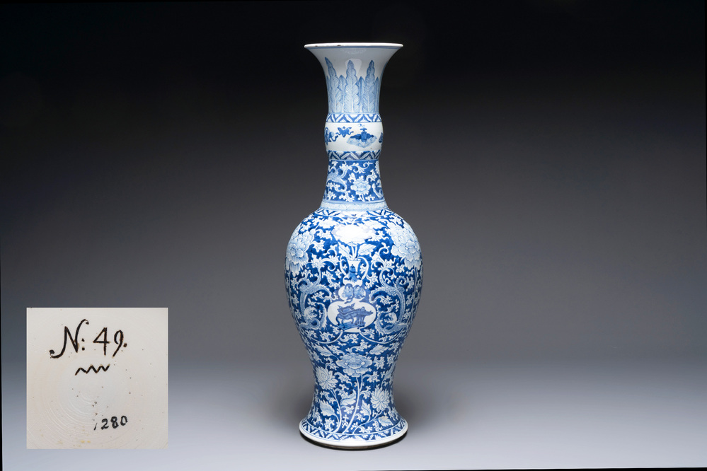 A large Chinese blue and white vase with dragons, peonies and antiquities, Johanneum mark, ex-collection of August the Strong, Kangxi