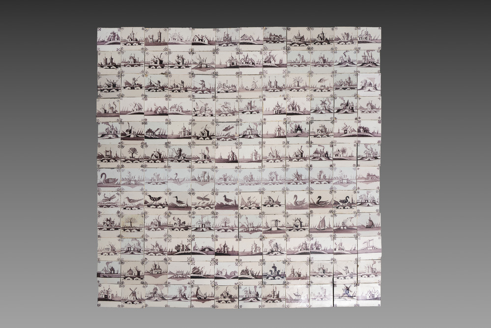 144 manganese Dutch Delft tiles, 18th C.