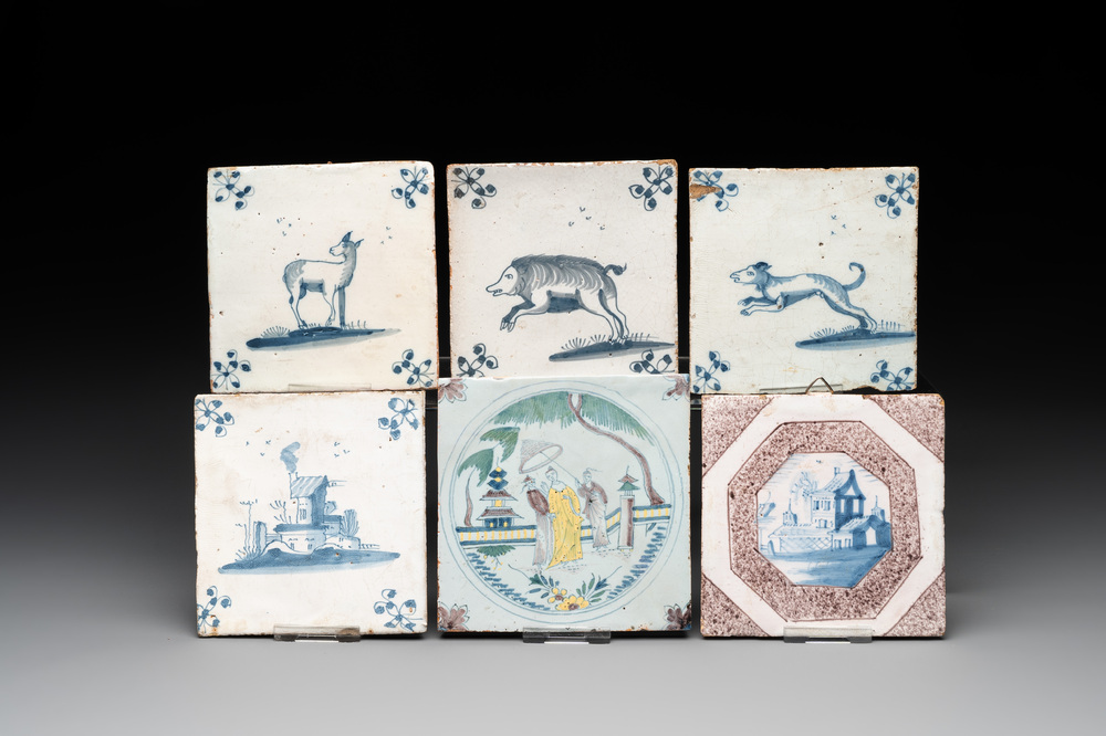 Six blue, white and polychrome Delftware tiles, The Netherlands/Germany, 17/18th C.