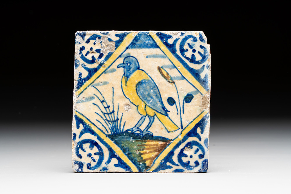 A polychrome Antwerp maiolica 'bird' tile, late 16th C.