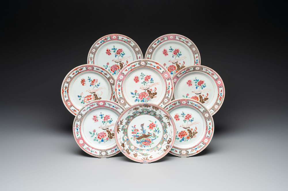 Eight Chinese famille rose plates with birds, Yongzheng/Qianlong