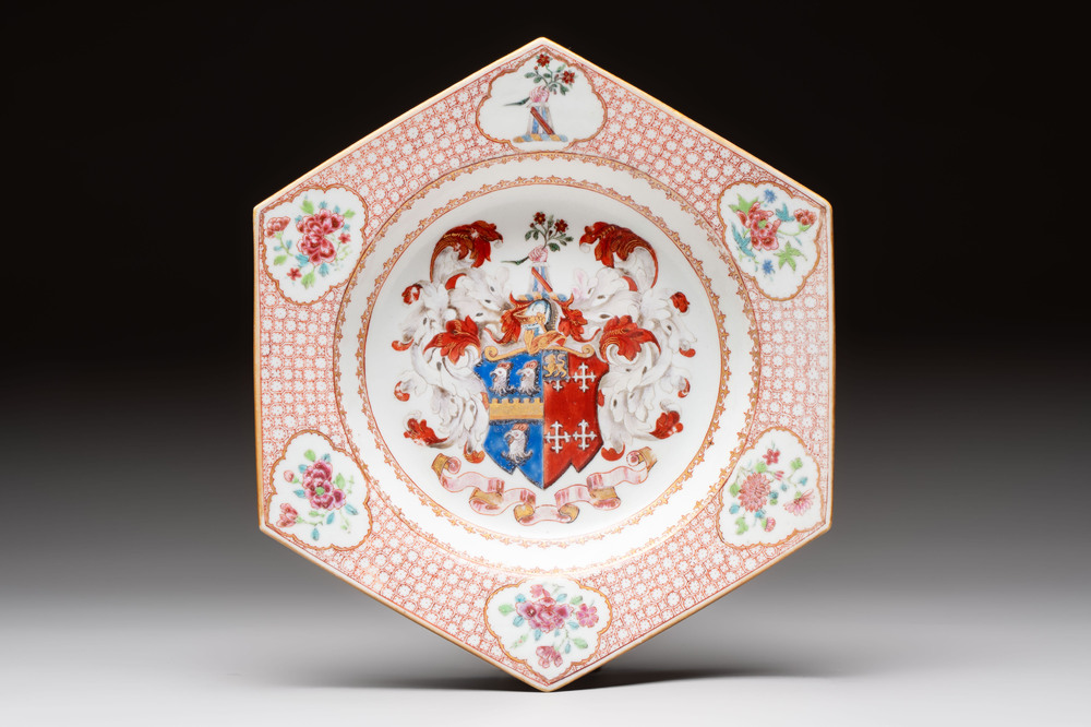 A rare Chinese famille rose hexagonal armorial soup plate with the arms of Jephson impaling Chase, Yongzheng, ca. 1735