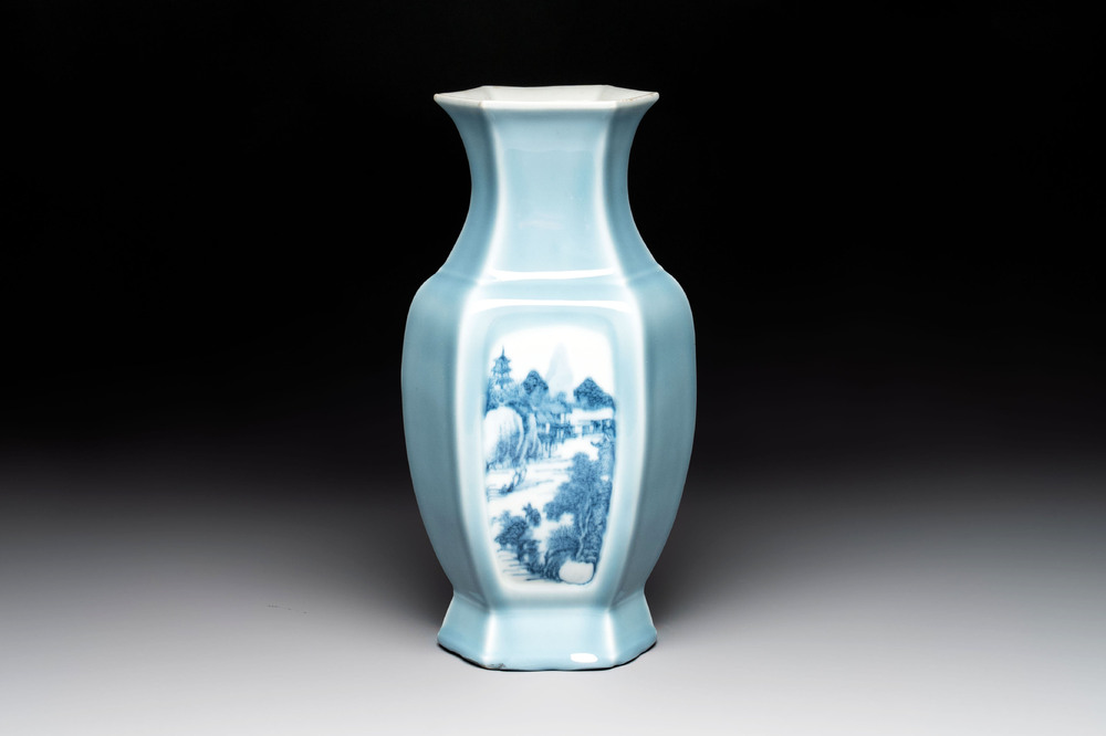 A Chinese blue and white claire-de-lune-ground 'landscape' vase, Yongzheng mark, 19th C.