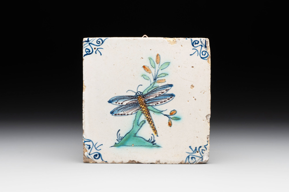 A polychrome Dutch Delft 'dragonfly' tile, 17th C.