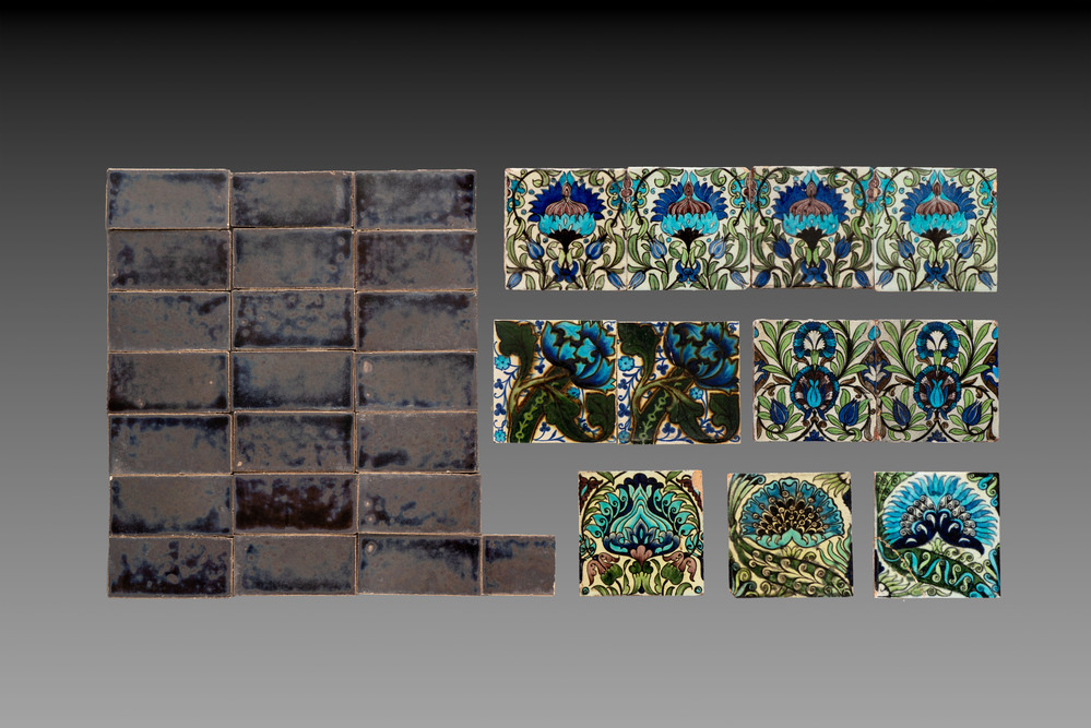 11 William de Morgan Persian-style tiles with floral design and 22 Poole pottery border tiles, 19/20th C.