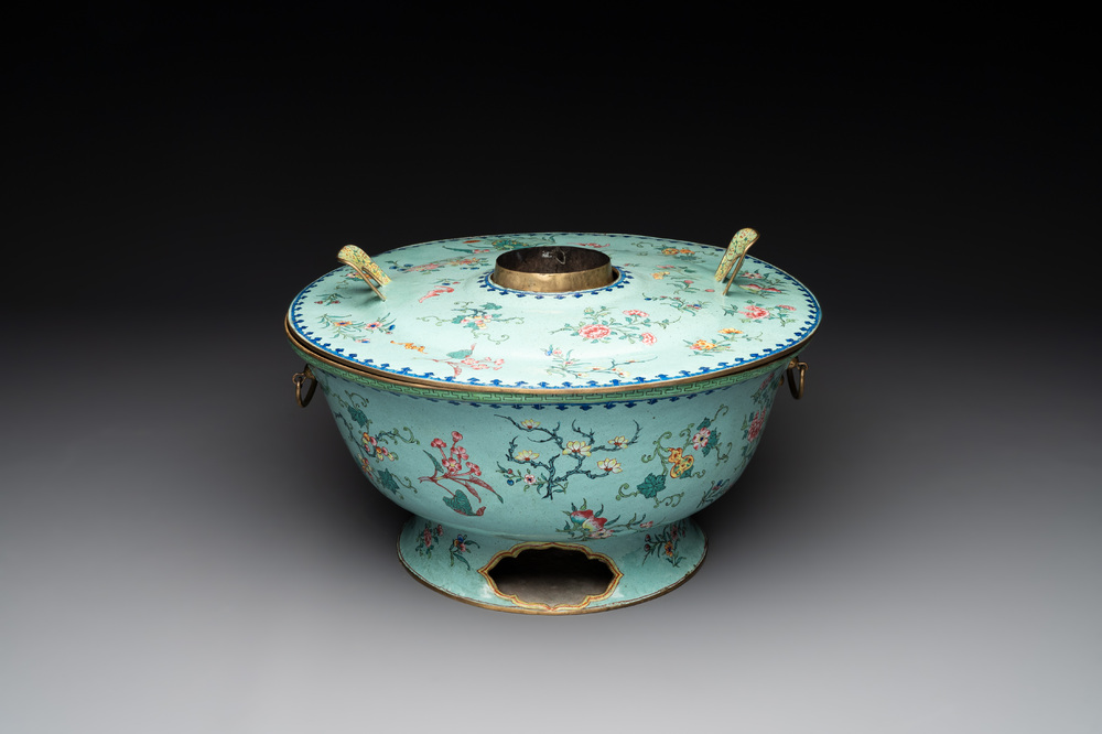 A large Chinese Canton enamel green-ground hot pot with floral design, 18th C.