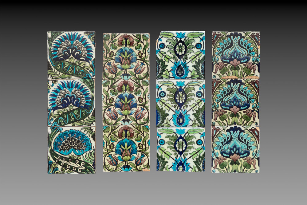 12 polychrome William de Morgan Persian-style tiles, 19th C.