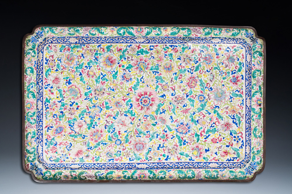 A massive Chinese Canton enamel rectangular tray with floral design, Yongzheng/Qianlong