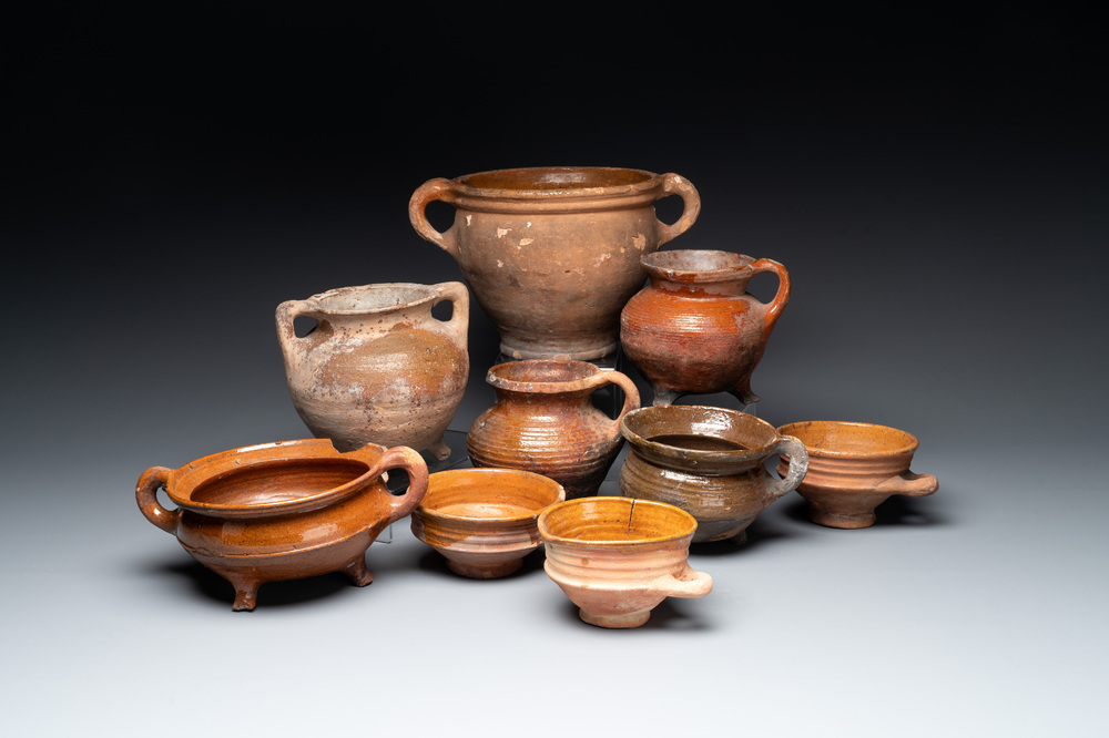 Nine pottery cooking vessels with partial glazing, Low Countries, 14/17th C.