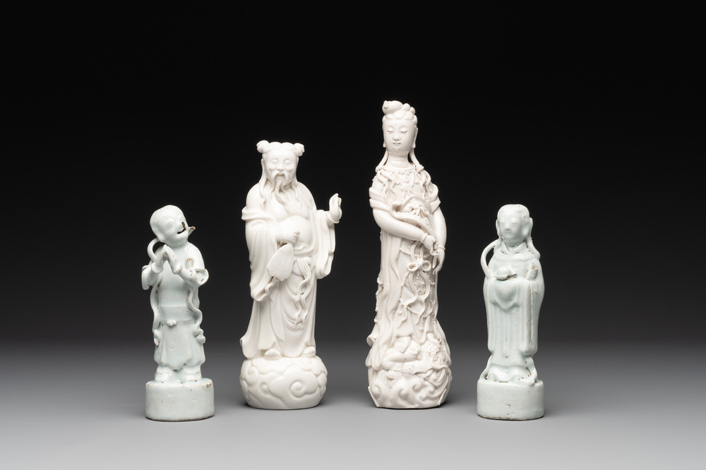 A pair of Chinese white-glazed figures and two Dehua blanc de Chine figures, Dehua 德化 and Xuande mark, 18th C. and later