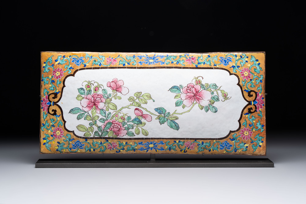 A large rectangular Chinese gold-yellow-ground Canton enamel plaque with fine floral design, Yongzheng