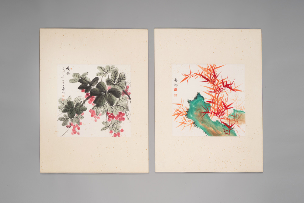 In the manner of Qi Gong 啟功 (1912-2005): 'Grapes' and 'Bamboo', ink and colour on paper, dated 1988