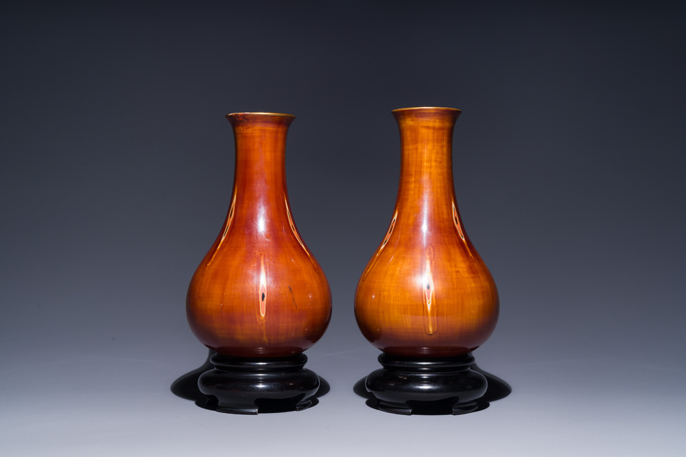 A pair of Chinese Fuzhou or Foochow lacquer 'bamboo' vases, 19/20th C.