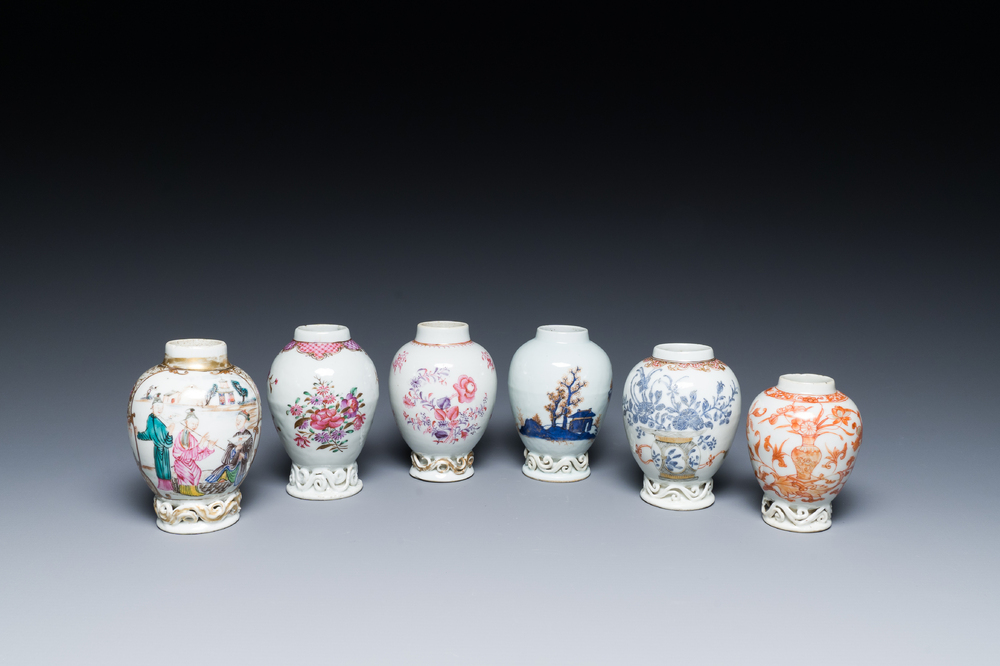 Six Chinese famille rose, Imari-style and iron-red-decorated tea caddies, Yongzheng/Qianlong