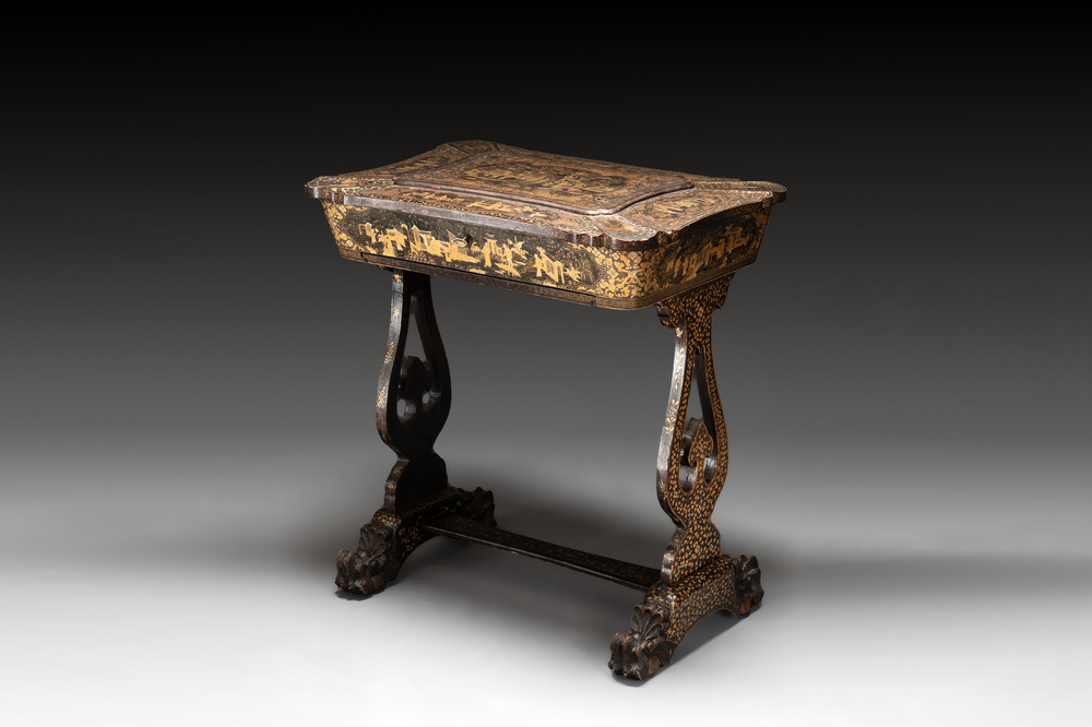 A Chinese Canton export gilt-lacquered sewing table with accessories, 19th C.