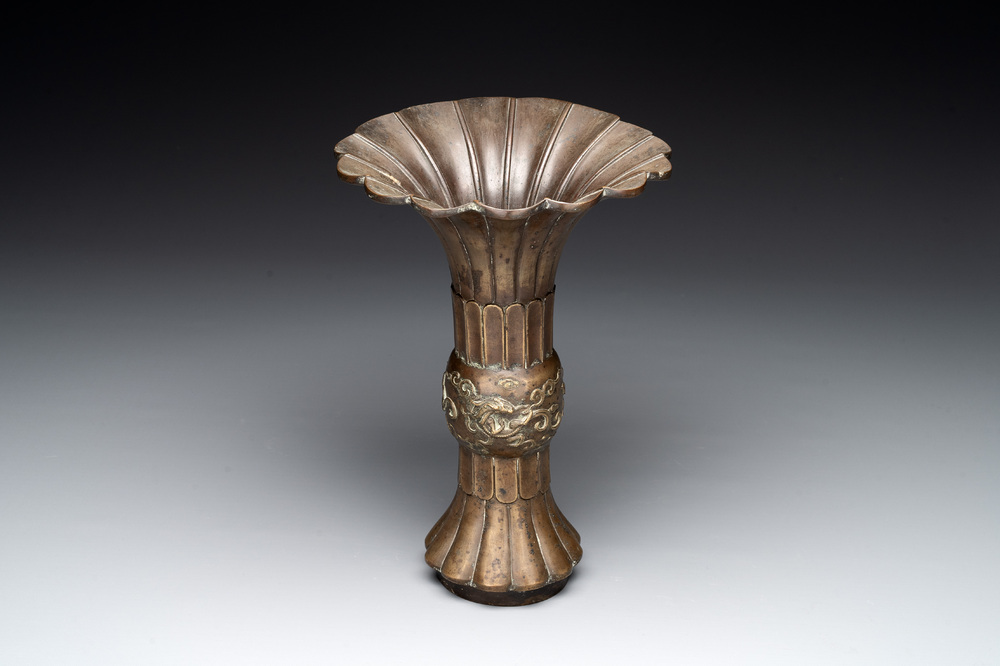 A Chinese bronze 'gu' vase with chilong, Xuande mark, late Ming/early Qing