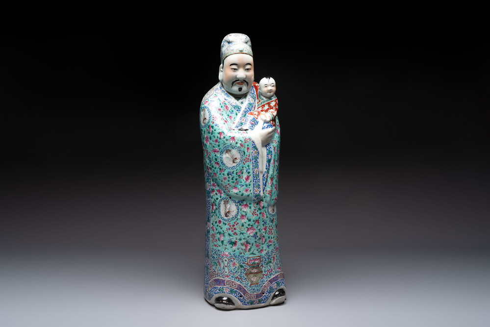 A large Chinese famille rose figure of Fu Xing, Zhu Mao Ji Zao 朱茂記造 mark, Republic