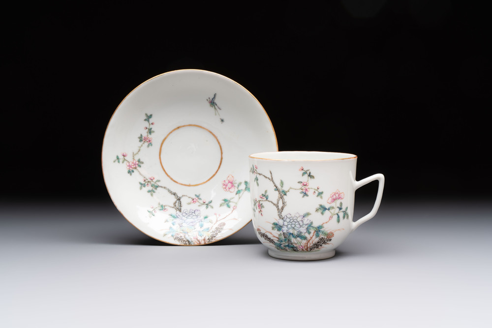 A fine Chinese famille rose cup and saucer with floral design, Daoguang mark, Republic