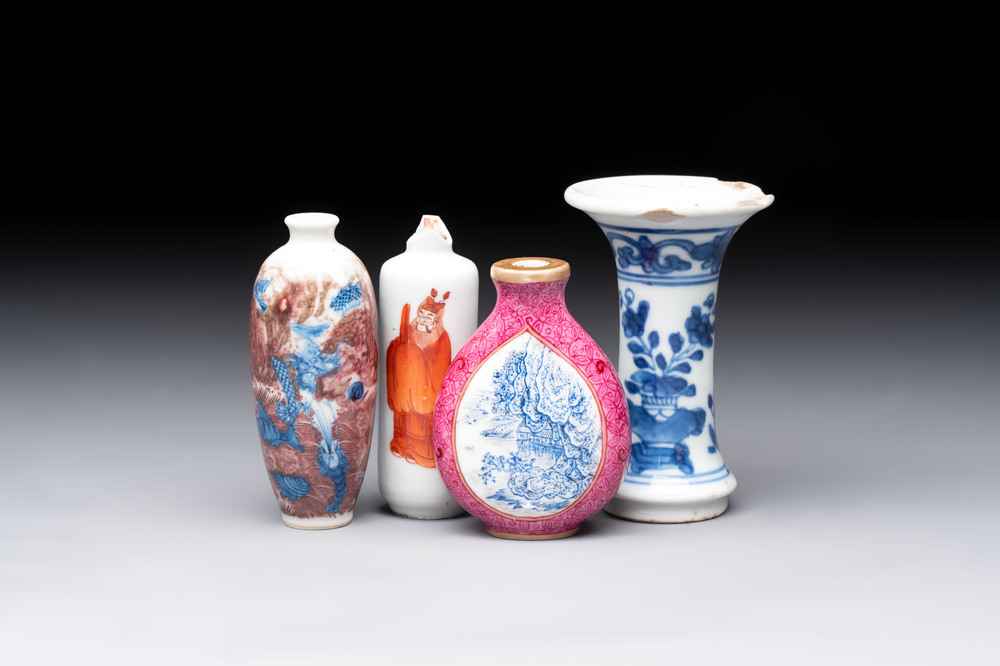 Three Chinese snuff bottles and a miniature vase, Kangxi and Qianlong marks, Kangxi and later