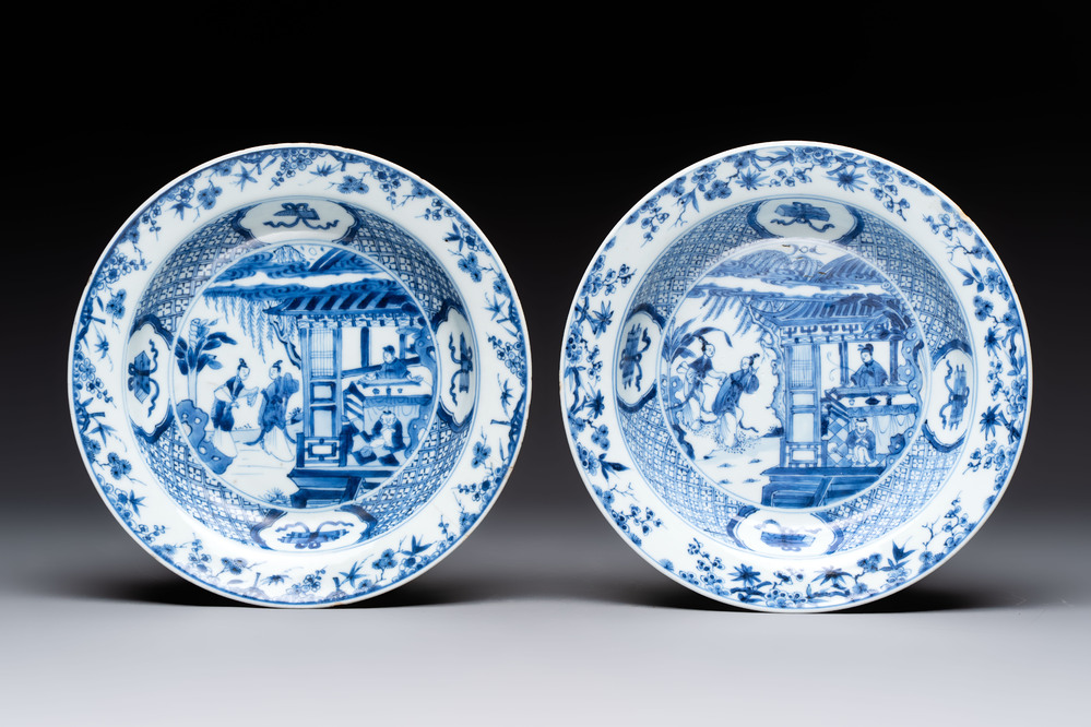 A pair of Chinese blue and white 'Xi Xiang Ji' plates, Yongzheng