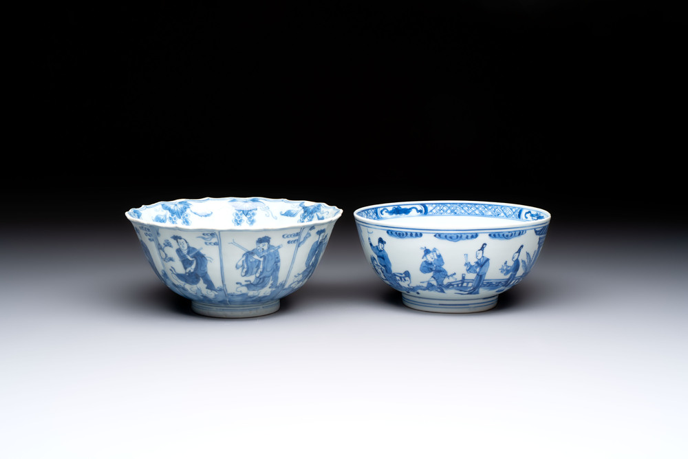 Two Chinese blue and white 'Xi Xiang Ji' and 'Eight Immortals' bowls, Ruo Shen Zhen Cang 若深珍藏 mark, Yongzheng and later