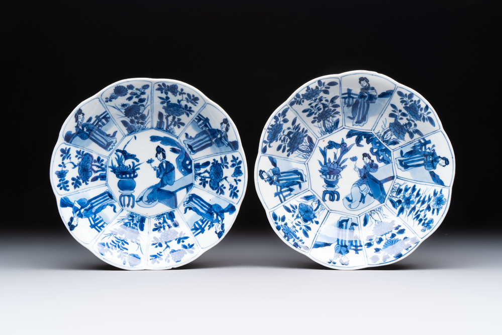 A pair of Chinese blue and white flower-shaped 'Long Eliza' plates, Kangxi