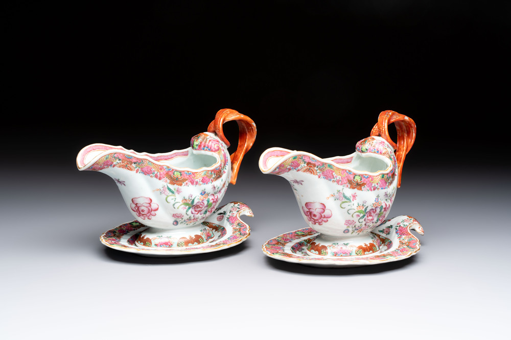 A pair of Chinese famille rose sauceboats and stands with floral design, Qianlong