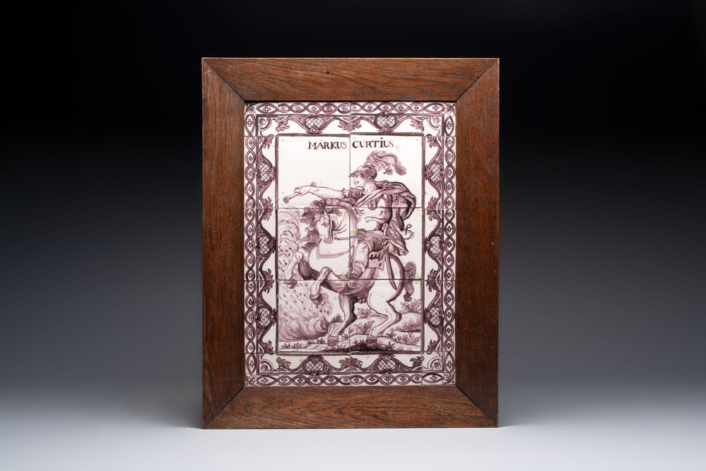 A manganese Dutch Delft 'Marcus Curtius' tile mural, probably Aalmis, Rotterdam, 18th C.