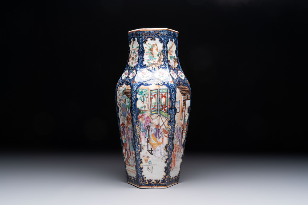 A fine Chinese famille rose gilt-decorated hexagonal vase with mandarin design, Qianlong