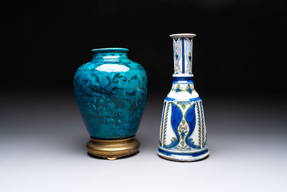 A polychrome pottery hookah base and a Persian turquoise-glazed pottery jar, late Qajar period, Iran, 19/20th C.