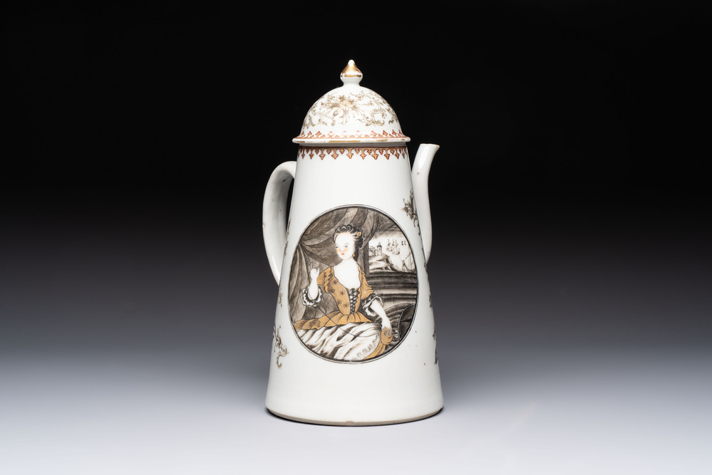 A large Chinese grisaille and gilt-decorated 'The Seamstress' chocolate pot, Qianlong